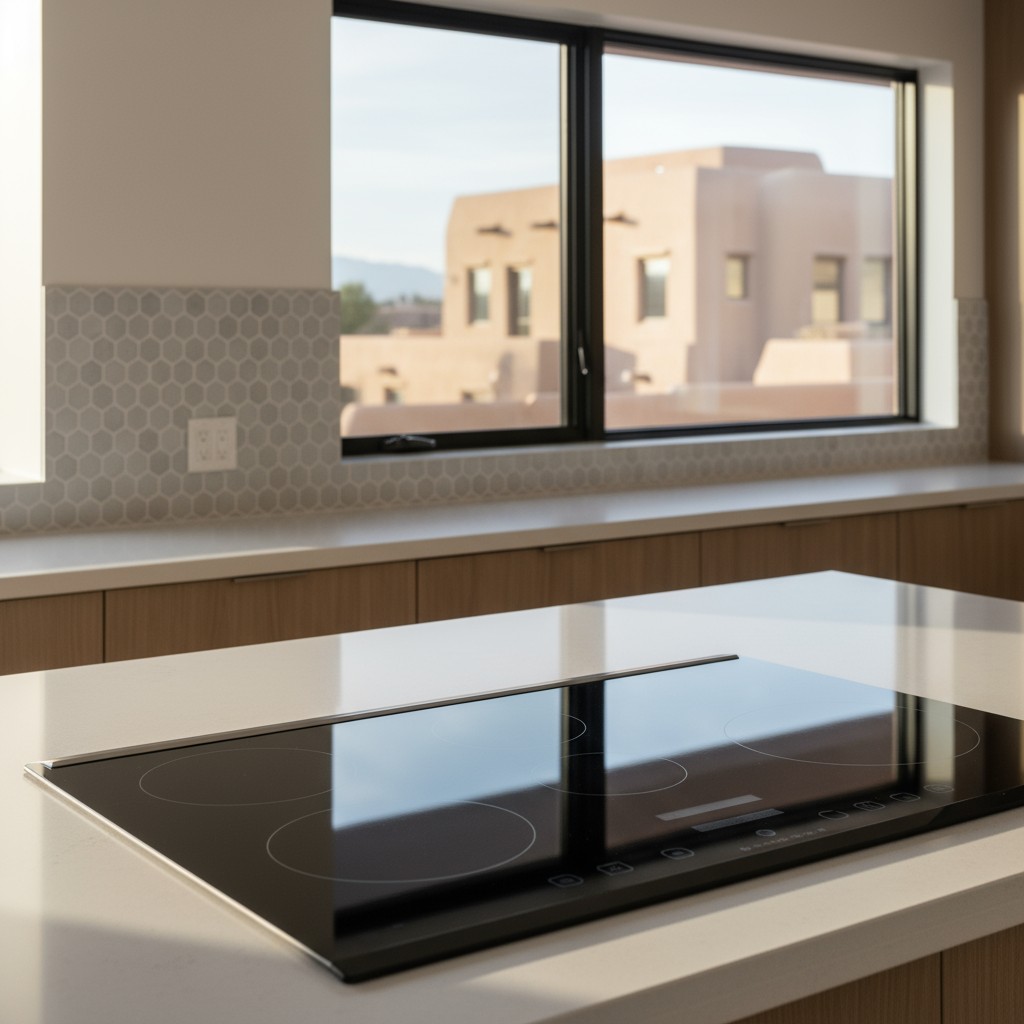 Window table with black glass cooktop, a kitchen counter and cabinets, and a bright view in the background.
