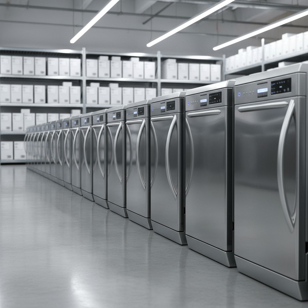 Background Image of Large Grey Warehouse with Rows of Silver Metal Washing Machines on a Grey Shiny Floor With White Shelv...