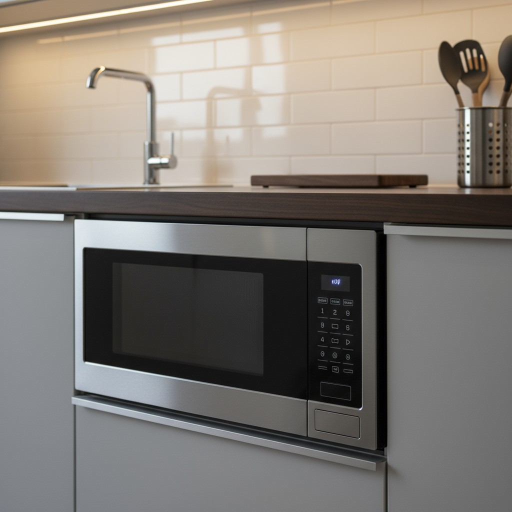 Modern Stainless Steel and Gray Kitchen, a countertop with cutting board, Utensils, and Back Bright Lighting for Warm Ligh...