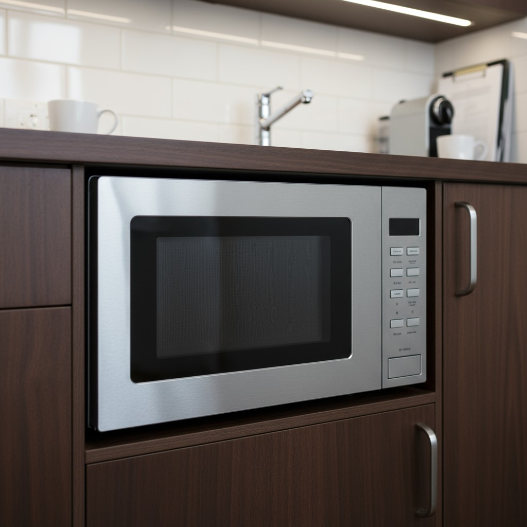 An image of microwave situated in a kitchen cupboard, accompanied by a light brown countertop and surrounding cabinetry.